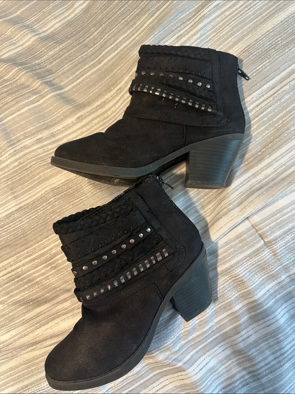 Sugar Black Braided & Studded Suede Ankle Booties